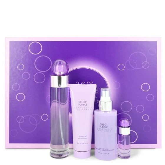 Set 360 Purple 4pc. Edp 3.4oz Spray + 4.0oz Body Mist + 3.0oz Shower Gel + 0.25oz Spray