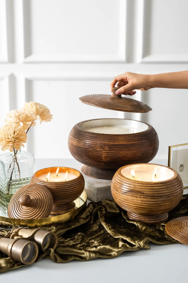 Wooden Matki Footed Candle · Gift Set Of 3