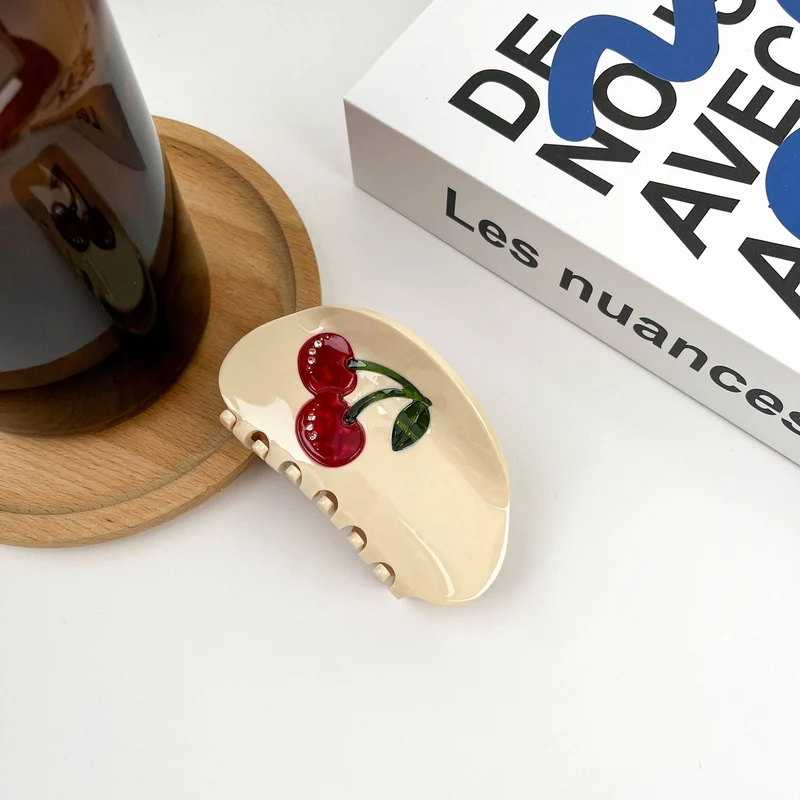 TheDivaSoap - Simple Cherry Hair Clip, Acetate Fruit Claw Clip: Beige A