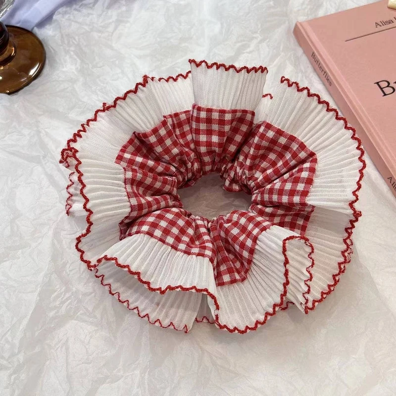 Red Picnic Scrunchie - Ruffled Lace Scrunchie with Gingham