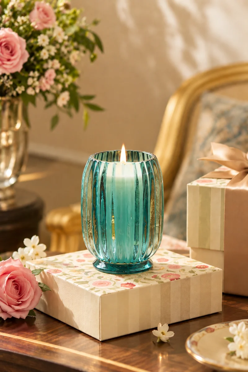 Flute Ribbed Jar Candle · Aqua