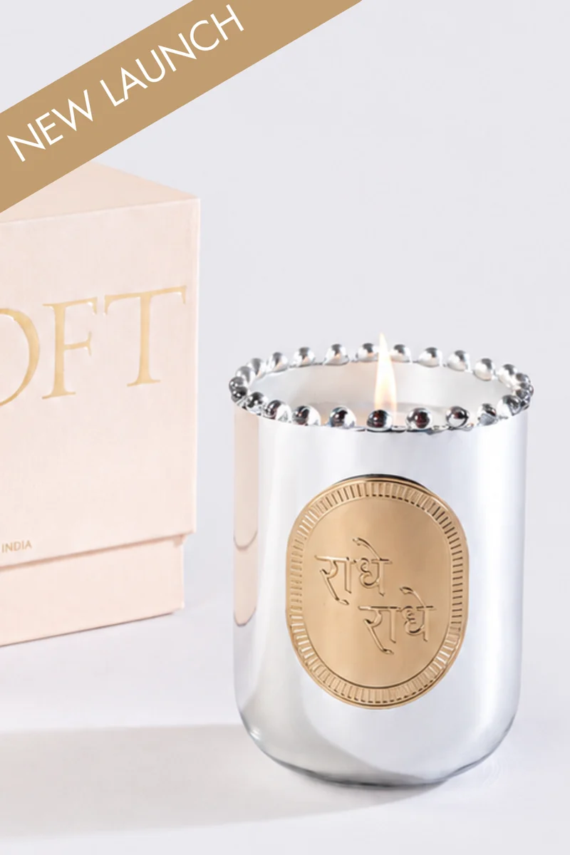 Inaara Radhe Radhe U- Glass Candle · Silver