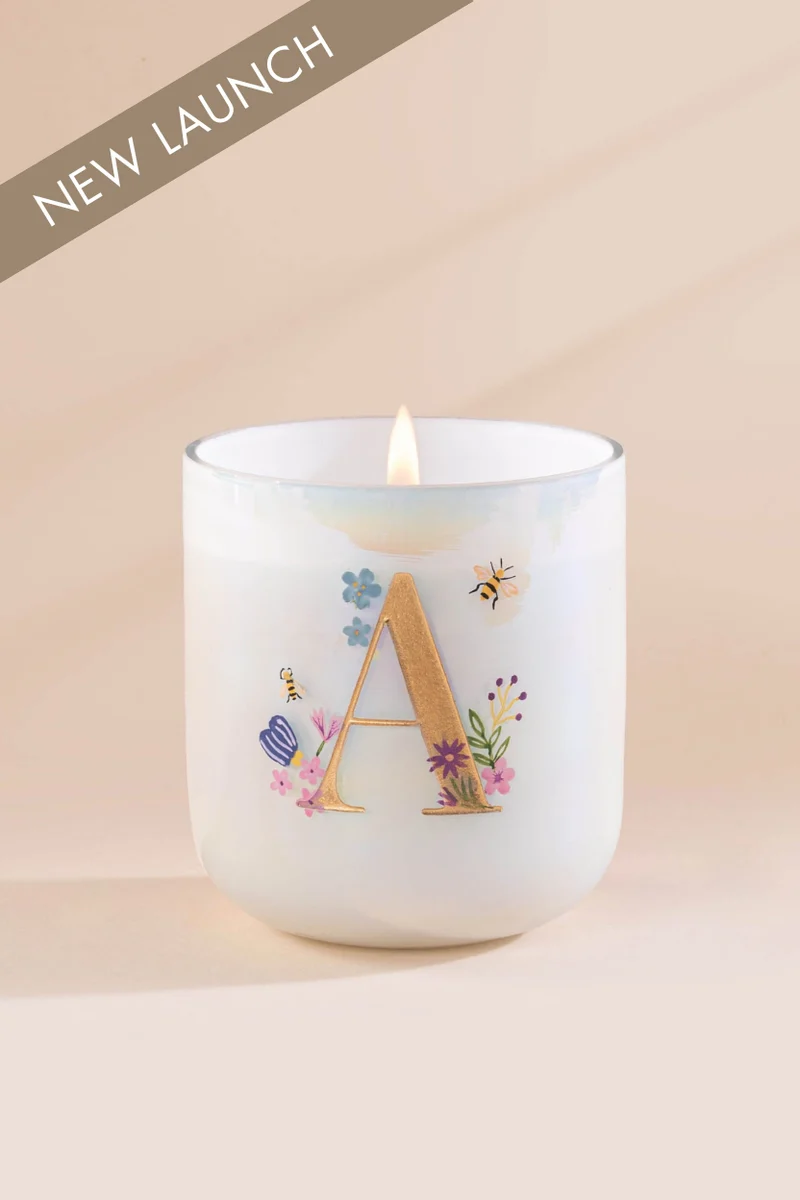 Hand Painted Initial U-Glass Candle · White
