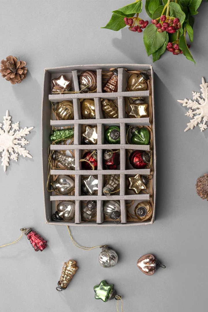 Mini Ornaments · Red, Gold, Silver, Green & Rose Gold · Gift Set of 24